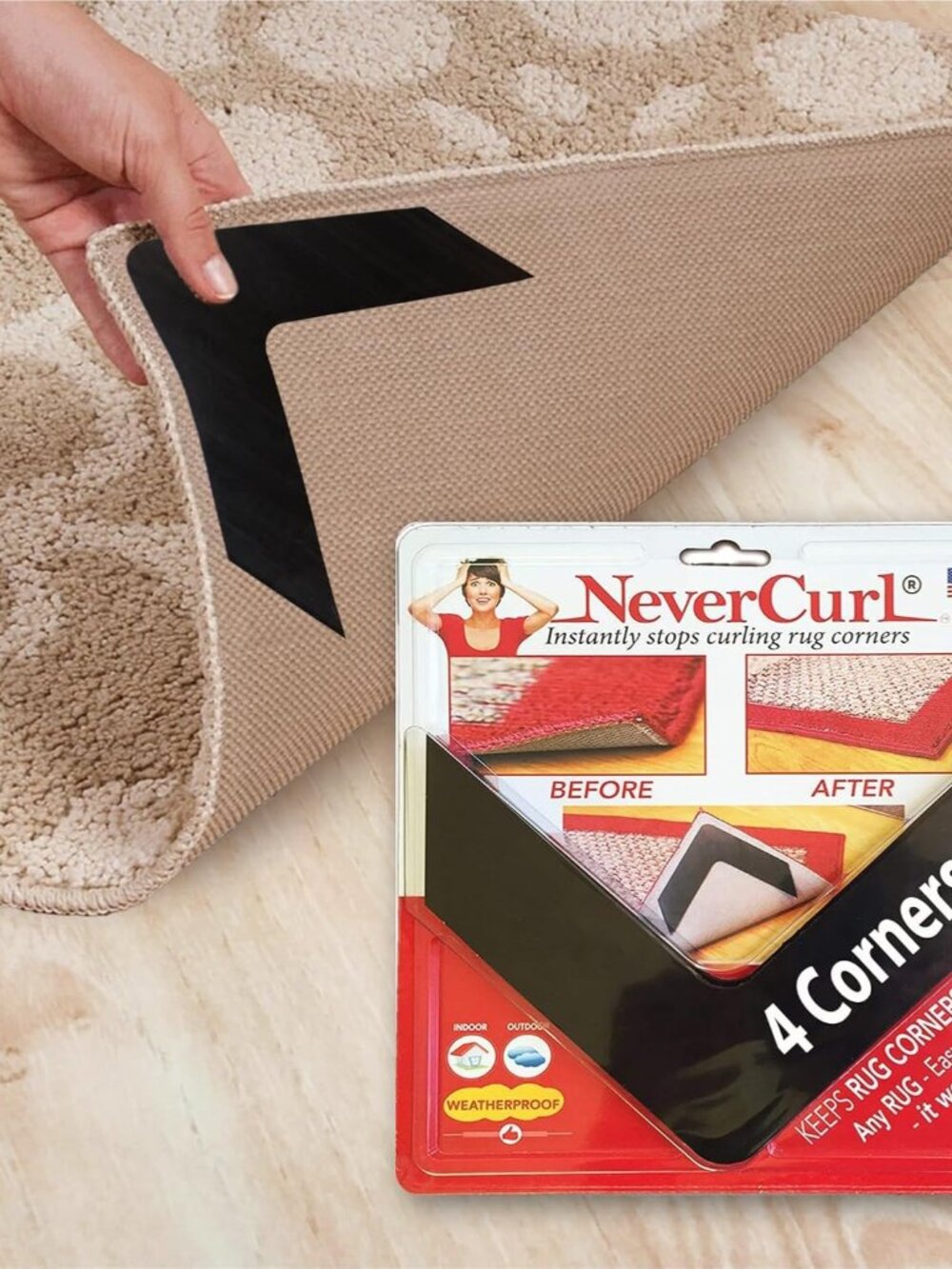 NeverCurl 4-Pack V Shape Rug Corner Grippers - Rug Gripper for Hardwood Floors a - Picture 1 of 7